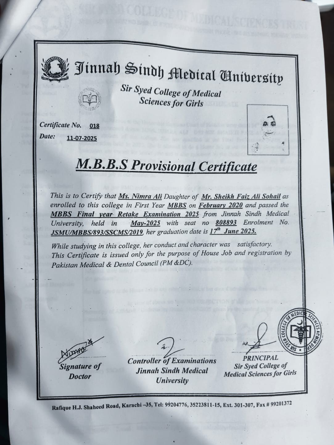 MBBS Provisional Certificate